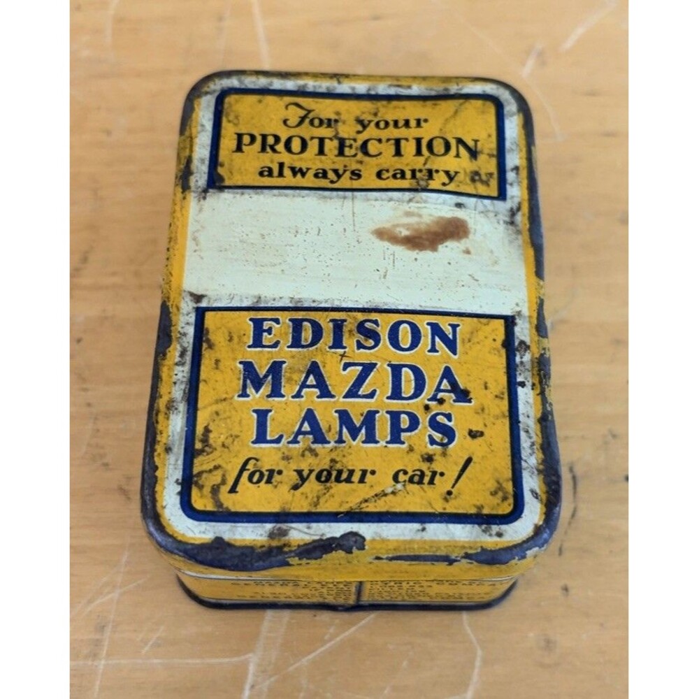 Vintage Edison Mazda GE Lamps Metal Tin Litho Box With 3 Light Bulbs Inside